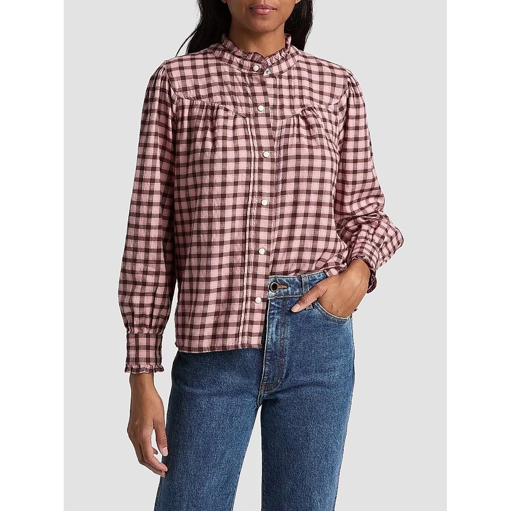 Rails Alanna Button Down Shirt Pink Brown Plaid Ruffle Neck Snap Front XS